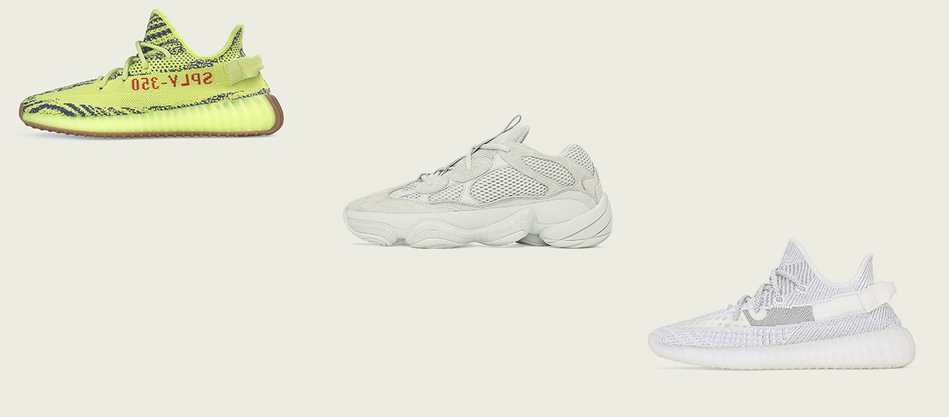one green yeezy, 2 white yeezys